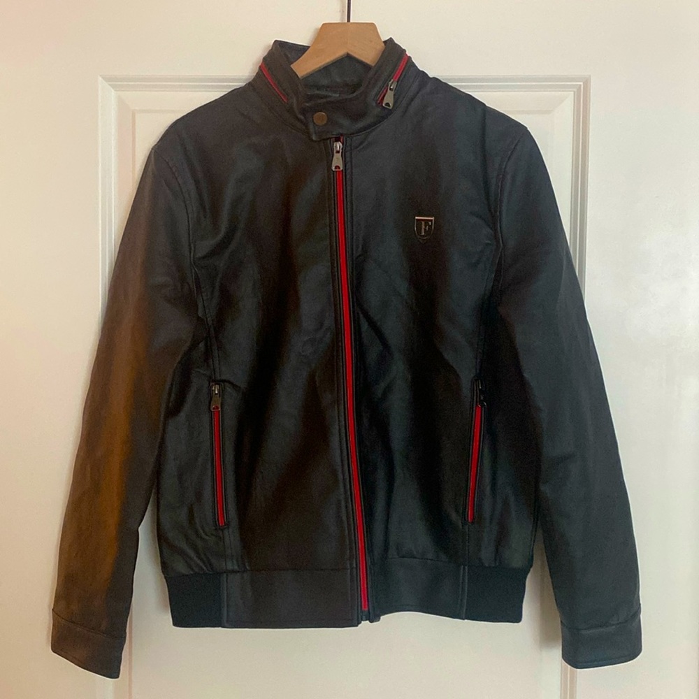 F Collections Mens Leather Jacket with Red Trim